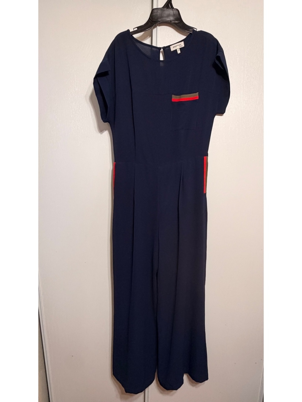 Monteau Los Angeles Navy Blue Jumpsuit Large Wide Leg Pockets Color Trim